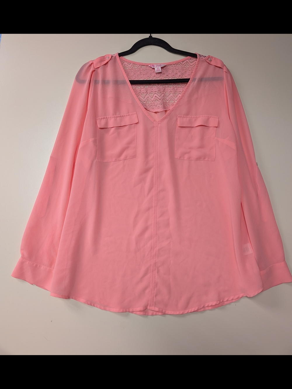Candie’s Pink Silky Long Sleeve Classy Lace Blouse Women's Size XL top Business